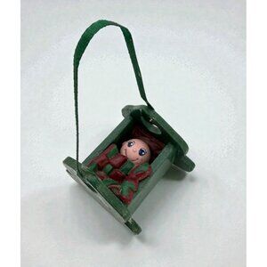 Baby Cradle Wood Christmas Tree Ornament Vintage Mini Green Bed Time